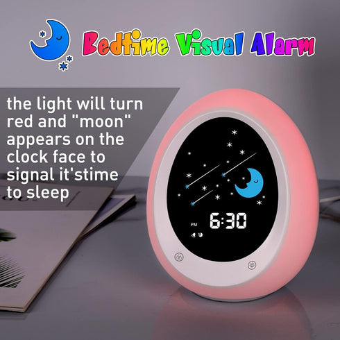 BUTTING Kids Alarm Clock, Toddler Sleep Training Clock with Sun & Moon, Sound Machine, Night Light, Ok to Wake Alarm