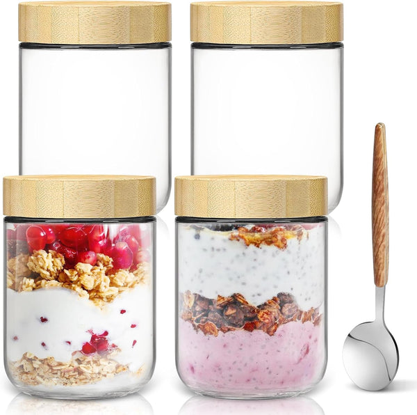 16oz Overnight Oats jars 4 Pack,Overnight Oats Containers with Bamboo Lids for