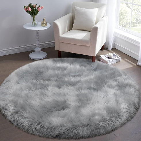 Faux Fur Rug for Bedroom Grey Fluffy Round Rug for Kids Room, Small Furry Circle Rugs 3X3, Soft Gray Shag Circular Rug for Nursery, Fuzzy Plush Floor Carpet by Tangsoo