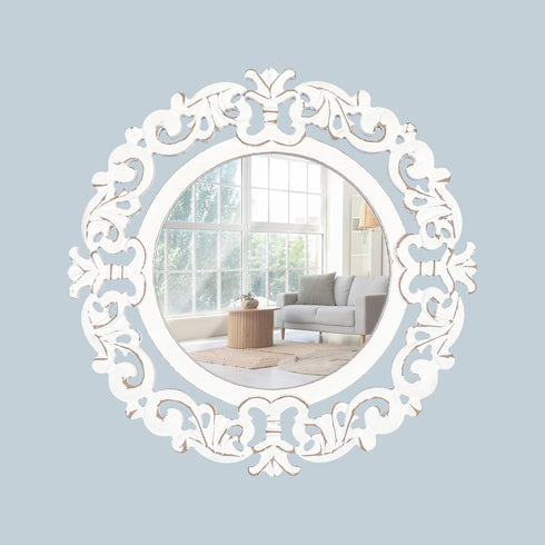 Round Wall Mirror, Hand Carved Rustic Farmhouse Accent Mirror, 14x14 Inch White Antique Entry Mirror for Bathroom