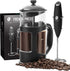 Bean Envy French Press Coffee Maker and Milk Frother Set: 34 oz Glass Carafe & Drink Mixer Duo