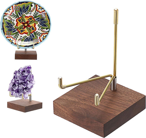 Hipiwe 2Pcs Wooden Base Display Stand, Adjustable Metal Arms for Decorative Plates, Display Easel Holder