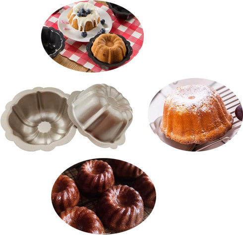 4 Inch Nonstick Mini Bundt Cake Pan Set of 4, Carbon Steel Fluted Cake Pans, Gold Pumpkin Shaped Mould for Baking