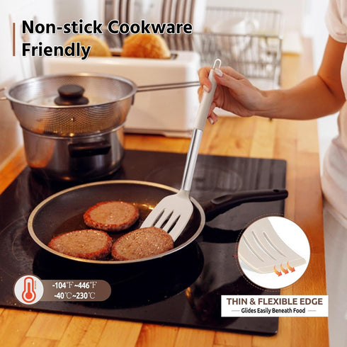 E-far Cooking Utensils Set of 4 - Silicone Kitchen Utensils for Non-stick Cookware, Heat Resistant, Khaki