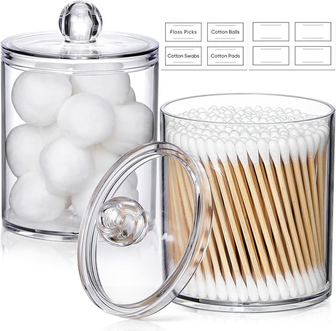 2 Pack Acrylic Qtip Holder Dispenser - Clear Plastic Canister for Cotton Swabs, Balls, Pads, Floss Picks, Bathroom Decor