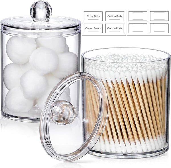 2 Pack Acrylic Qtip Holder Dispenser - Clear Plastic Canister for Cotton Swabs, Balls, Pads, Floss Picks, Bathroom Decor