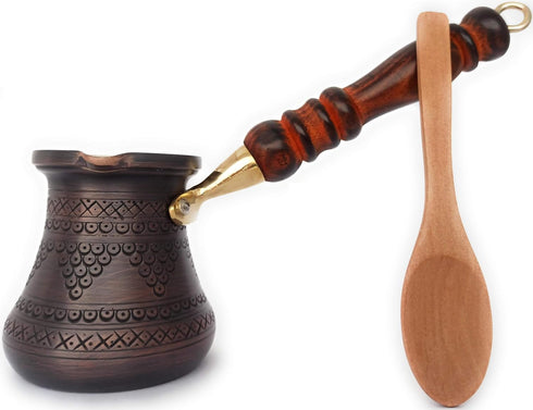 PCZ Series Thickest Solid Copper Engraved/Stamped Turkish Greek Arabic Coffee Pot, 6 fl.oz, Wooden Handle, Antique