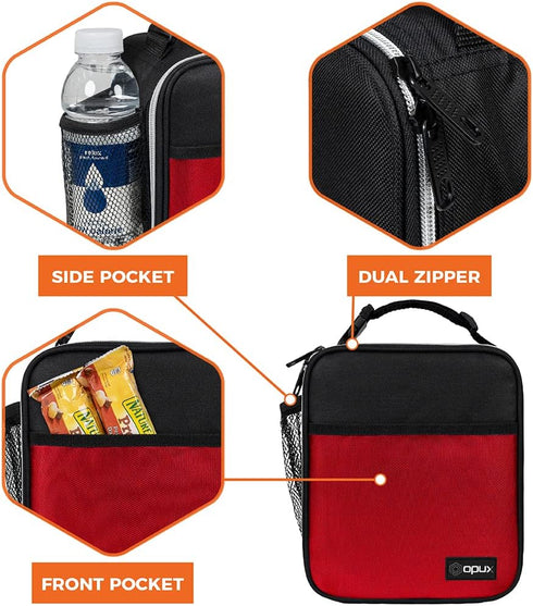 opux Premium Insulated Lunch Box, Red Soft School Lunch Bag for Kids, Leakproof Compact Cooler Tote for Men Women