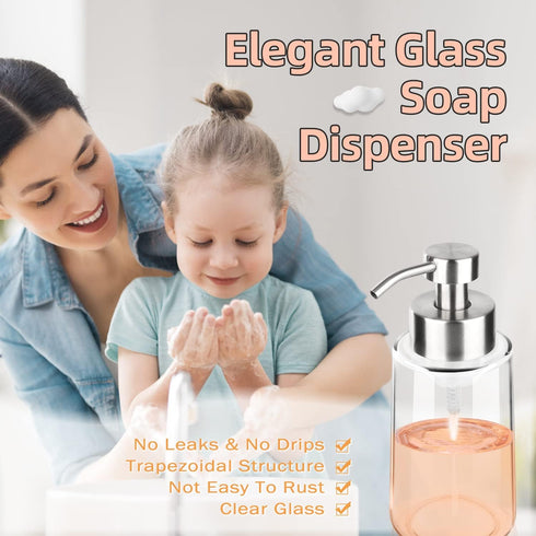 BabyElf Clear Glass Foaming Soap Dispenser - Rust-Proof Stainless Steel Pump for Bathroom & Kitchen