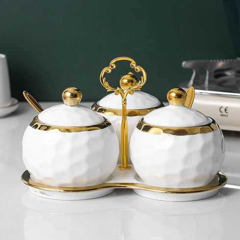 Golf Porcelain Sugar Bowl Condiment Pot, Salt Container with Lid, Spoon and Tray, Set of 3, Modern Spice Box Seasoning