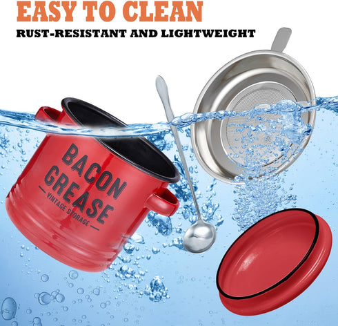 46OZ Bacon Grease Container with Strainer - Large Red Kitchen Oil Storage Can, Food Saver Bin with Lid | Farmhouse