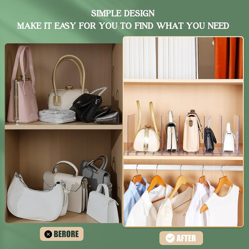 Bag & Purse Organizer for Closet, 2 Pack Adjustable Shelf Divider - Clear Acrylic Handbag Separators for Storage