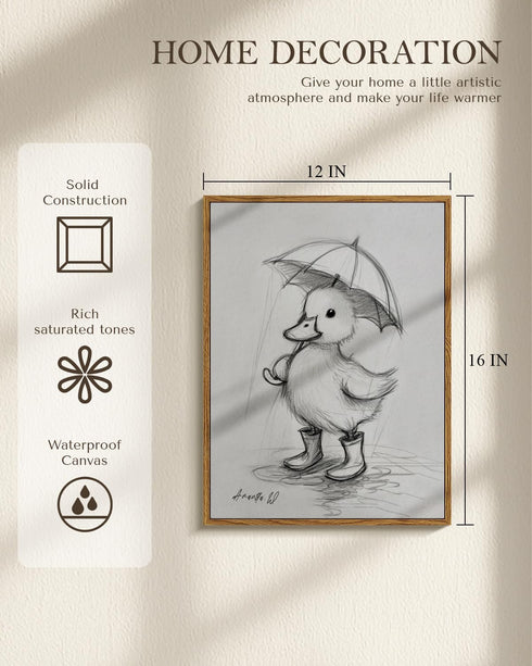 12x16 Inch, Framed Duck Canvas Wall Art Cute Baby Duck Sketch Illustration with Umbrella Print, Minimalist Black