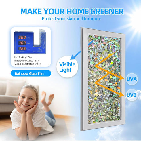 COUNTEWOL Rainbow Window Privacy Film, 3D Decorative Vinyl Window Clings, Non-Adhesive Sticker (17.5 x 78.7 Inch)