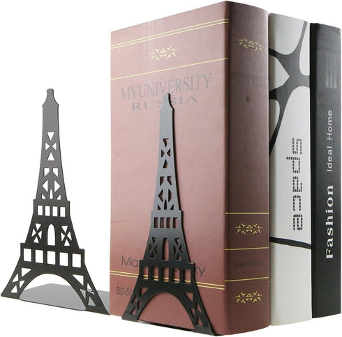 One Pair Creative Paris Eiffel Tower Book Organizer, Metal Bookends for Kids School Library Decoration (Black)