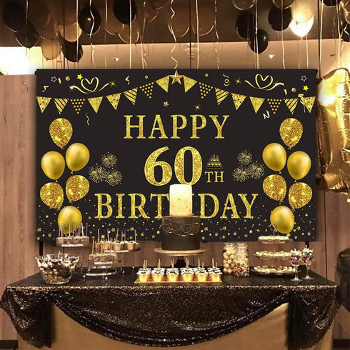 Trgowaul 60th Birthday Backdrop - Gold and Black 5.9 x 3.6 Fts Happy Birthday Party Decorations Banner