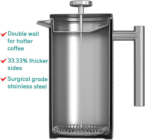 Coffee Gator 34oz French Press Coffee Maker, Thermal Insulated Brewer with Travel Jar, Double Wall Stainless Steel
