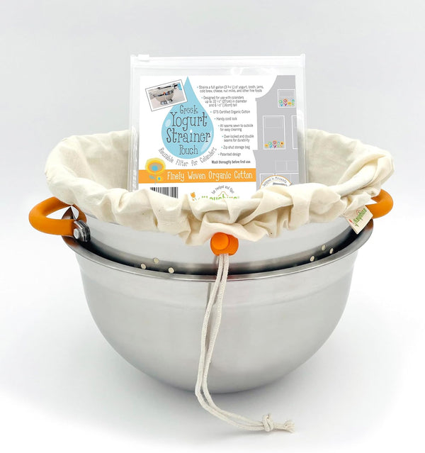 Greek Yogurt Strainer Set: Stainless Steel Colander & Bowl with Organic Cotton