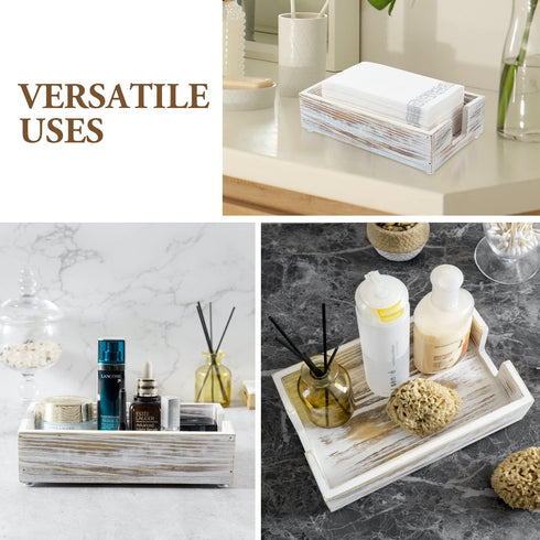 MyGift Shabby White Washed Solid Wood Bathroom Counter Paper Towel Holder, Disposable Napkin Dispenser for Vanity Tray