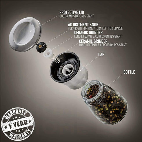 Set 4 Home EC Original Stainless Steel Sea Salt and Pepper Grinder of - Adjustable Ceramic - Glass Salt and Pepper
