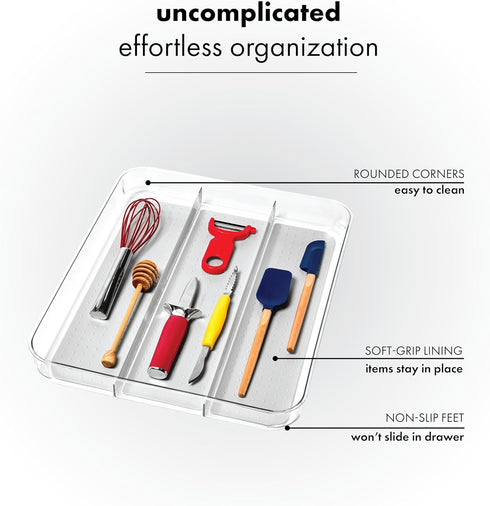 madesmart Large Utensil Tray - Light Grey, 3-compartment, Soft Grip Collection, Non-slip Feet, BPA-free