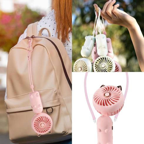 QearFun Handheld Lanyard Fan, Mini USB Rechargeable Battery Fan, 3 Speed Strong Personal Table Fan (Purple & Pink)