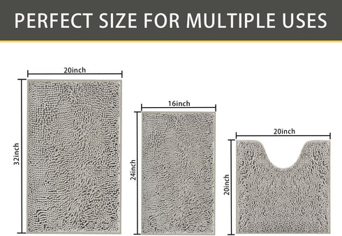 Bathroom Rugs Sets 3 Piece, Non Slip Thick Chenille Bath Mat, Soft Absorbent Shaggy Bathroom Carpet Set