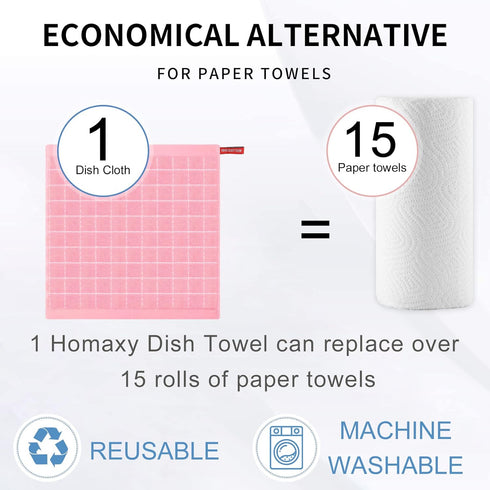 Homaxy 100% Cotton Terry Kitchen Dish Cloths - Ultra Soft and Absorbent 6 Pack, 12 x 12 Inches, Pink