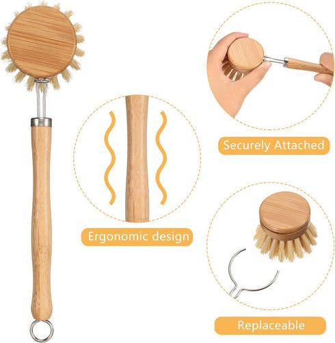 8 Patelai Pieces Wooden Kitchen Dish Brush Include Bamboo Scrub Cleaning Brush and Replacement Heads Dish Scrubber