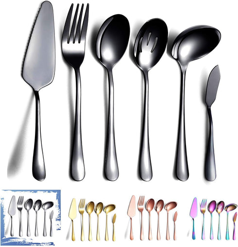 HOMQUEN 6-Piece Black Serving Flatware Set, Stainless Steel Utensil Set with Cake Server, Soup Ladle