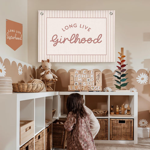 30x20 Lacama Long Live Girlhood Banner, Girls Room Decor Pink Linen Banners Wall Hanging Banner Flag Decor for Toddler