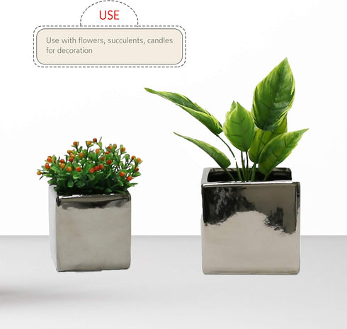 WGV Ceramic Cube Vase, 5.5" Width, 5" Height, Elegant Modern Block Floral Planter, Silver, 1 Piece