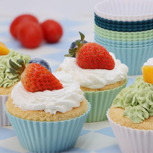 Silicone Baking Muffin Cups 12 Pack, Reusable Cupcake Liners, BPA Free, Dishwasher Safe (White, Green, Navy, Dusty Blue)