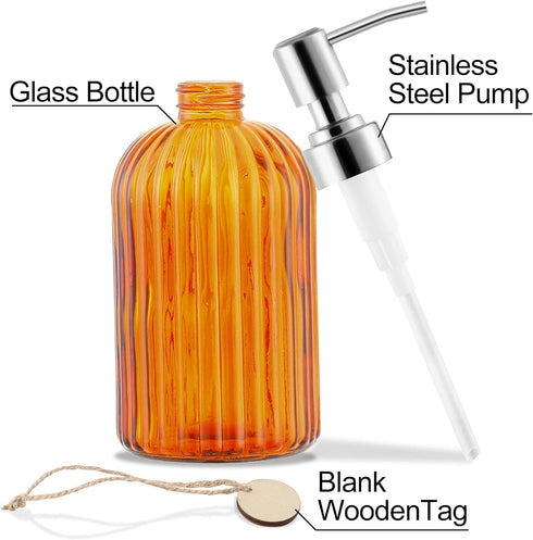 16 OZ Soap Dispenser, Clear Tempered Glass with 304 Stainless Steel Pump for Bathroom, Kitchen, Lotion (Orange)