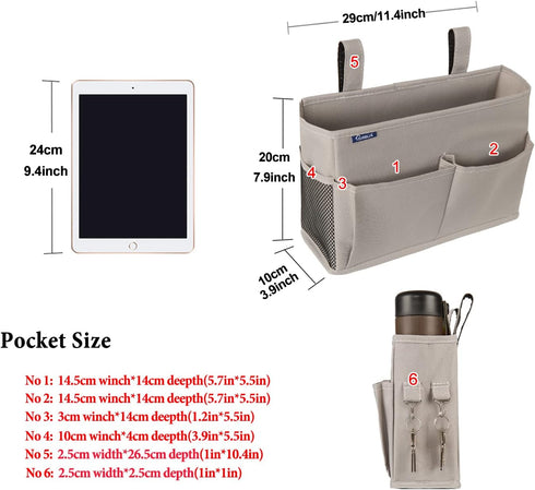 Surblue Bedside Caddy Hanging Organizer Storage Bag for Bunk and Hospital Beds, 4 Pockets and 2 Hooks (Gray)