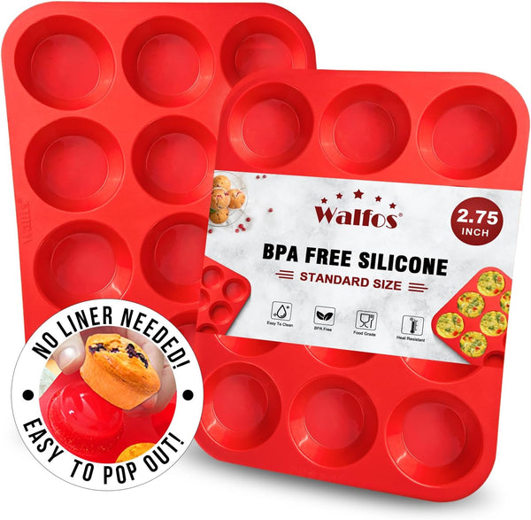 Walfos Muffin Pan Set - 12 Cups Regular Silicone Cupcake Pan, Non-stick, BPA Free, 2-Piece