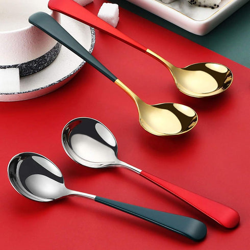 18/10 Round Head Stainless Steel Soup Spoons, Modern Thick Short Handle Korean Spoon, Set of 5, 6.3 Inch