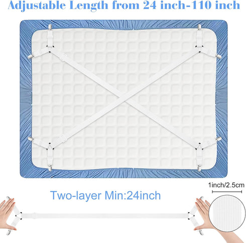 Morcheiong 2 Pack Bed Sheet Fasteners Straps Adjustable Bed Sheet Holder Bands with Sheet Clips for Bedding Stays Bedsheet Tie Downs - White