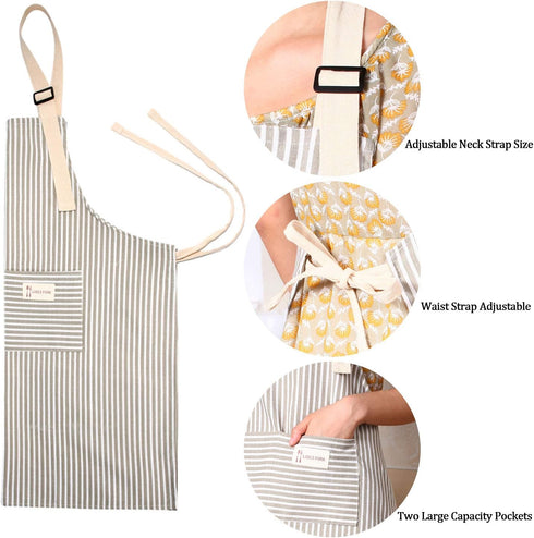 Syhood 2 Pack Aprons with 2 Pockets for Women Men, Soft Linen Adjustable Bib Kitchen Cooking Apron (Brown Stripes Style)
