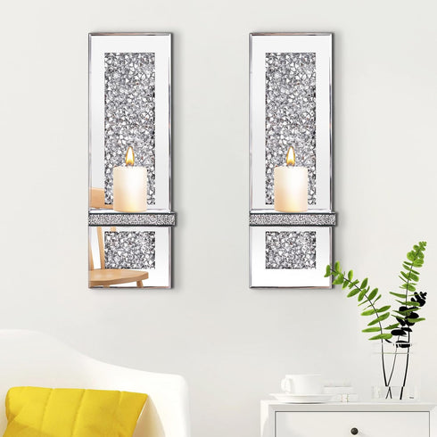 Azonsdop Set 2, Crystal Crushed Diamond Mirrored Candle Sconces of Glam Silver Wall Candle Holders for Living Room