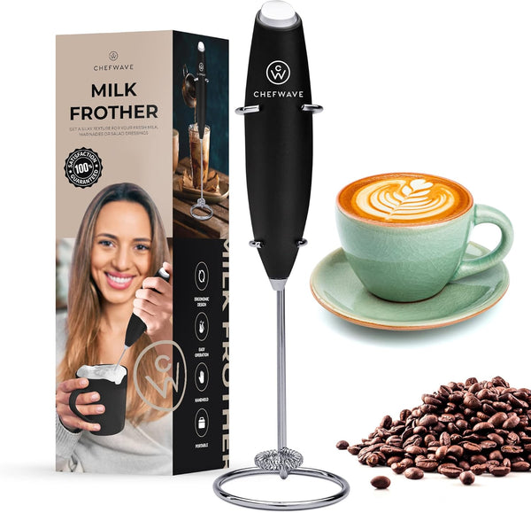 ChefWave Handheld Milk Frother with Stand (Black)