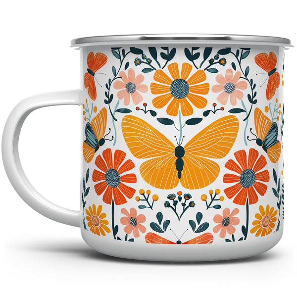 Floral Butterfly Enamel Camping Coffee Mug - Nature Flowers Botanical Gift Cup for Friend, Coworker, Women, Mom (12oz)