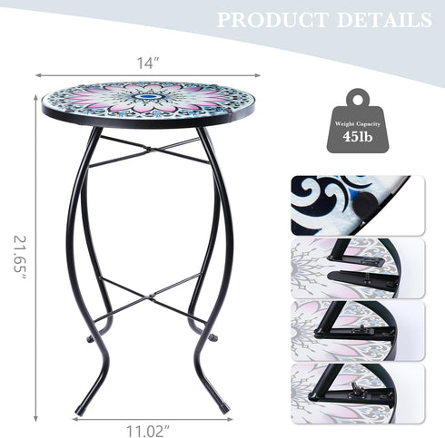 14 MUMTOP Side Patio Tables-Mosaic Outdoor Side Table - Flower Glass Accent Round EndTable, Plant Stand Indoor Small