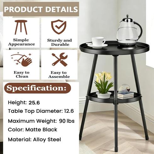 LMGVRZK 2-Tier Side Table Small Round End Table Metal Black Accent Table for Small Spaces Indoor Outdoor Living Room