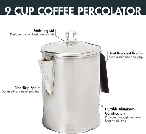 Primula Today Aluminum Stove Top Percolator Maker, Durable 9 Cup Brew Coffee, Silver