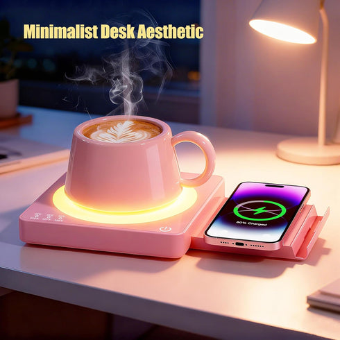15W 3-Temp Mug Warmer for Desk with Wireless Charger - Aesthetic Desktop Accessory Tech Gifts for Women, Coffee Cup