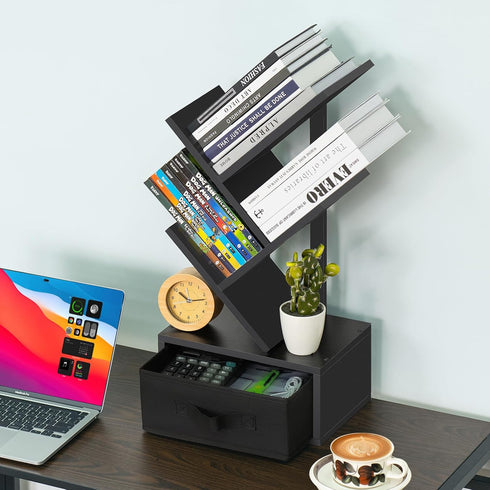 Small Book Shelf with Drawer, 4 Tier Black Tree Bookshelf, Wooden Desktop Bookcase for Living Room, Bedroom, Office
