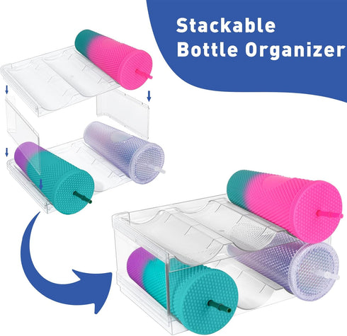 Water Bottle Organizer, Storage Holder for Kitchen Organization,Fridge, Pantry,Cabinet,Countertop,Cupboard- Plastic Cup Rack Shelf for Wine,Water,Drink- 2 Layers,Each Rack Holds 3 Containers by HOGARSWE