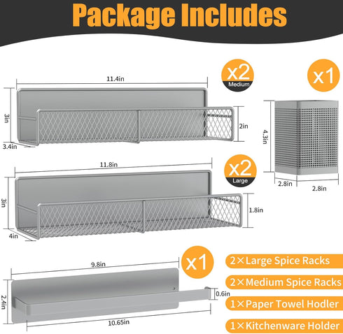 6 Pack Magnetic Spice Rack for Refrigerator, Metal Magnetic Shelf Grey, Moveable Spice Organizer, Strong Magnetic