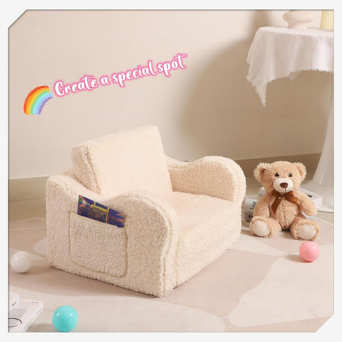 2-in-1 Cozy MOMCAYWEX Kids Sofa, Flip-Out Foam Couch with Soft Sherpa Cover, Play Lounge Chair, Cream